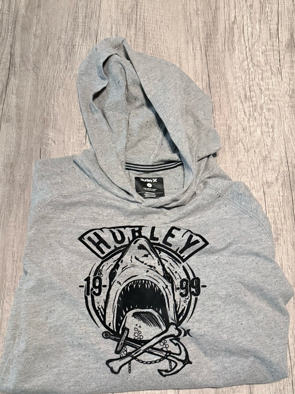 Boys Hurley Light Gray Speckled Tee Shirt Hoodie with Black Shark Graphic